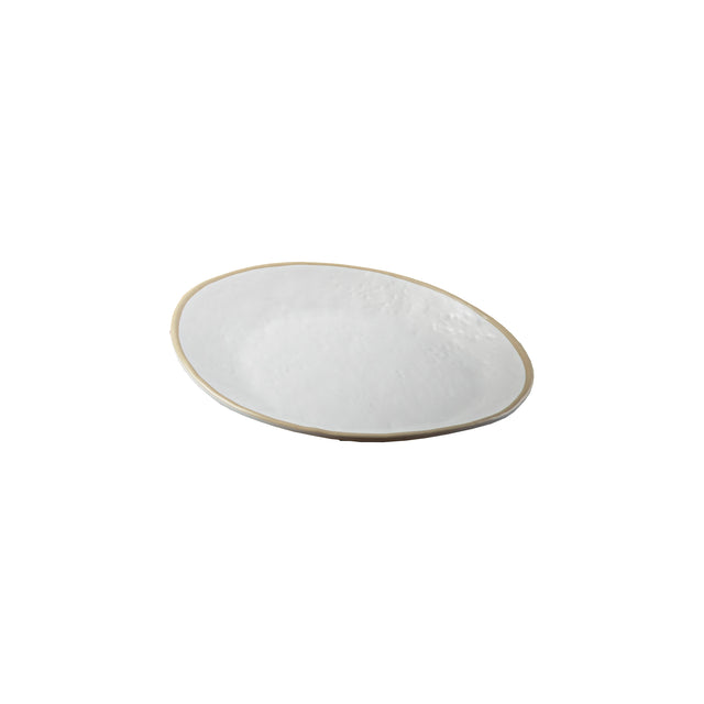 A simple, oval-shaped white melamine serving plate with a slightly uneven, textured surface and a light beige rim, displayed on a plain white background.