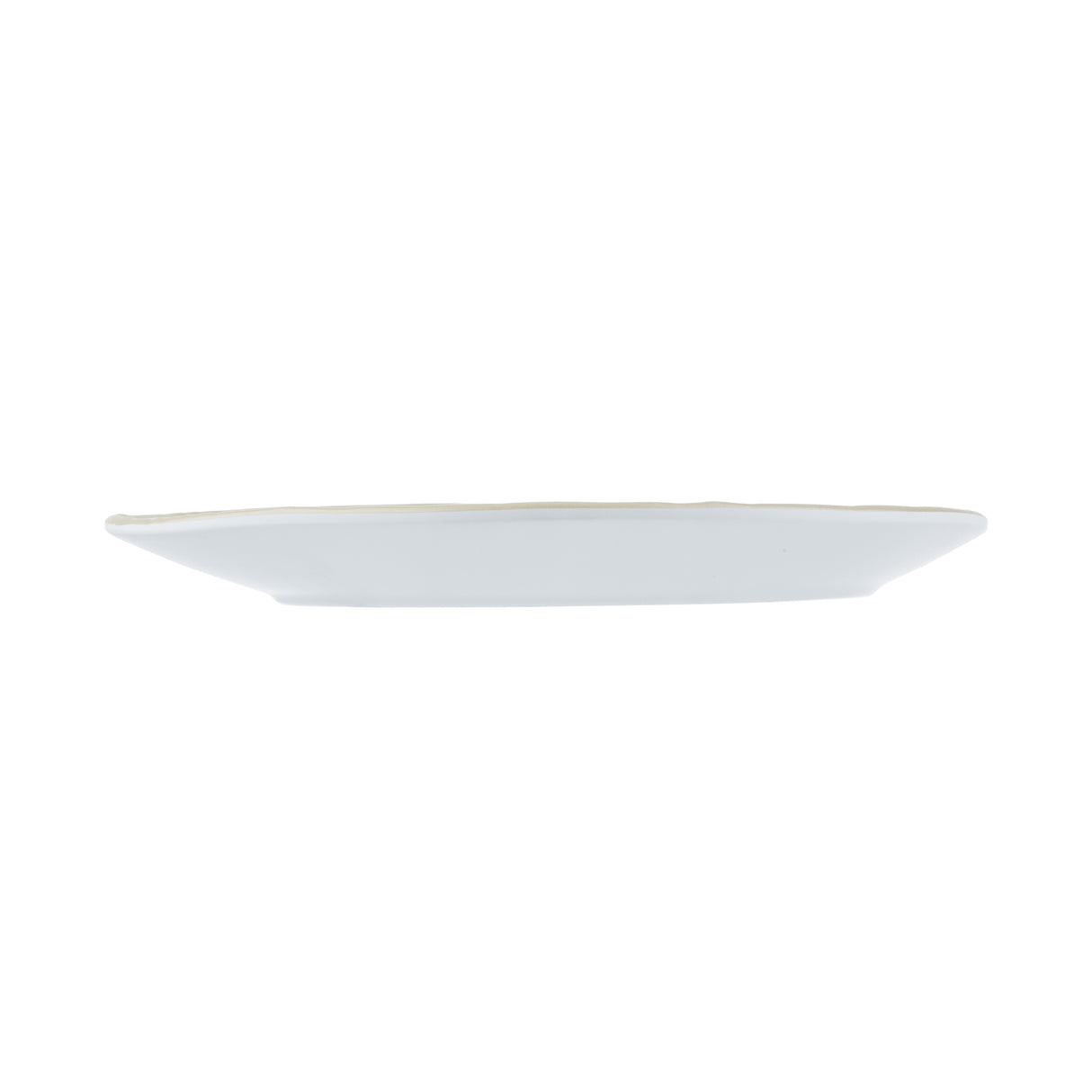 A plain, round, white TableCraft 11516 melamine serving plate is shown from a side view against a white background. The plate features a slightly raised rim and flat, smooth surface, with no visible patterns or decorations.