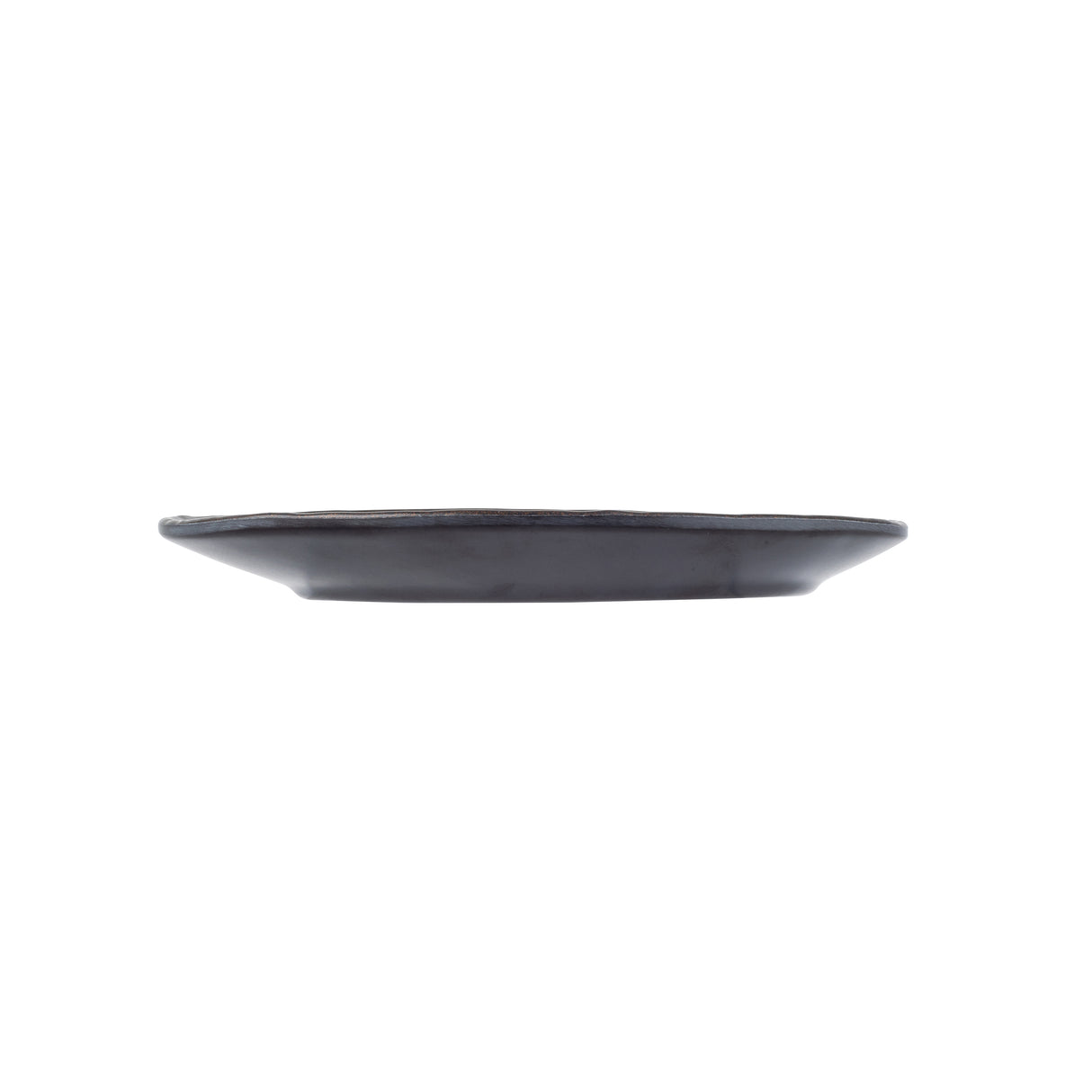 A flat, round Lunara Collection serving plate is shown in profile against a white background, emphasizing its thin, slightly uneven rim and simple, minimalist design.