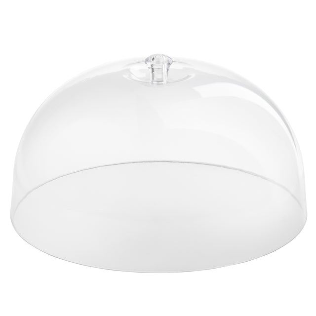 A clear, round Cake Dome with a small handle on top, perfect for covering cakes or pastries. This transparent cover is BPA free and sits on a white background, showing no contents inside.