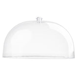A clear glass Cake Dome with a rounded shape and a small round handle on top, perfect for protecting or displaying cakes or pastries. This BPA free dome is shown on a plain white background and is dishwasher safe for easy cleaning.