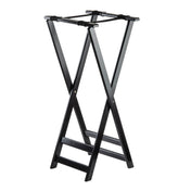 A black metal luggage rack with four horizontal support straps and X-shaped angled legs. This lightweight, foldable tray stand is ideal for holding suitcases or bags, making it perfect for hotels or guest rooms.