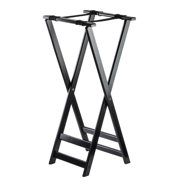A black metal luggage rack with four horizontal support straps and X-shaped angled legs. This lightweight, foldable tray stand is ideal for holding suitcases or bags, making it perfect for hotels or guest rooms.