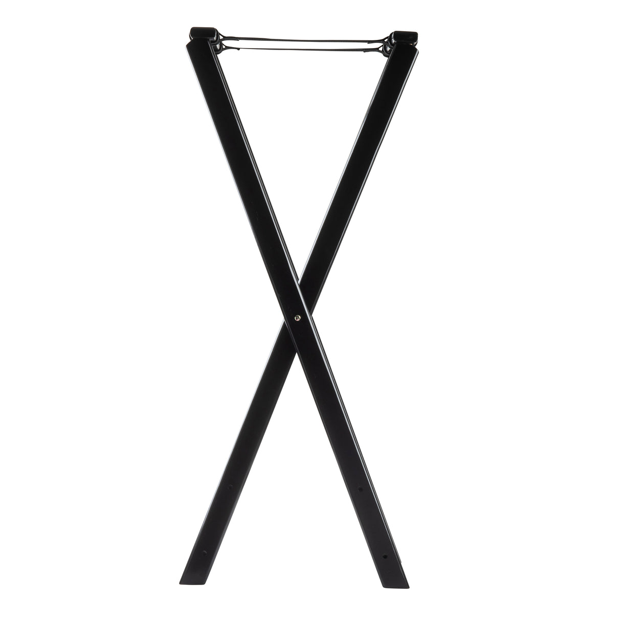 A black, metal tray stand is shown standing upright in an X shape. The stand features two intersecting legs and a horizontal support bar at the top for holding luggage or trays. The background is plain white. Ideal for TableCraft serving needs.