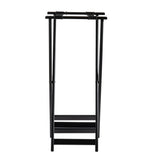 A black metal valet stand with two horizontal bars for hanging clothes and two lower shelves for storing items. Inspired by minimal, modern tray stand designs, it features clean lines and functionality against a crisp white background.