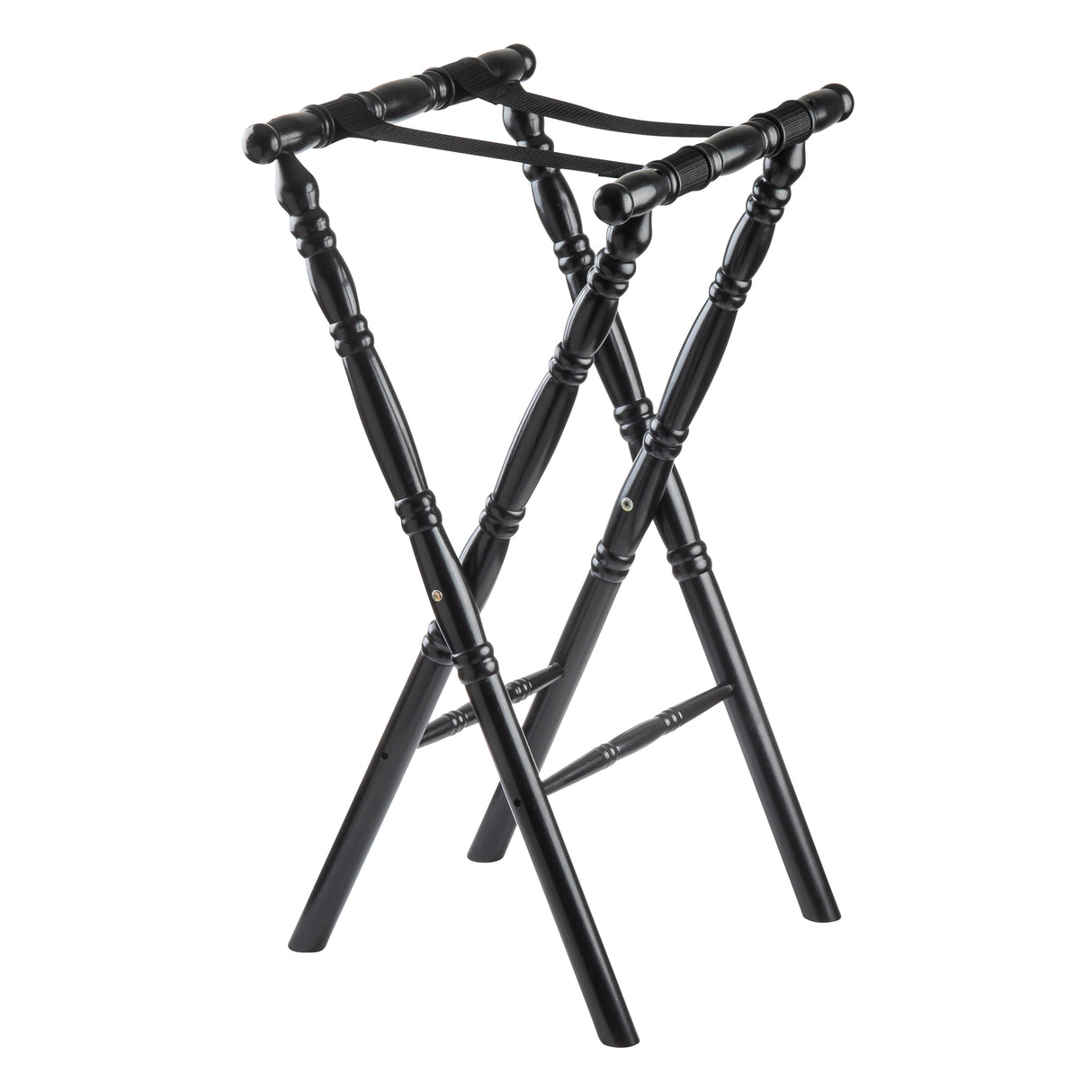 A black rubberwood folding luggage rack with a classic spindle design, featuring four turned legs, two crossed support straps on top, and decorative grooves along the legs. The rack stands open and upright on a white background.