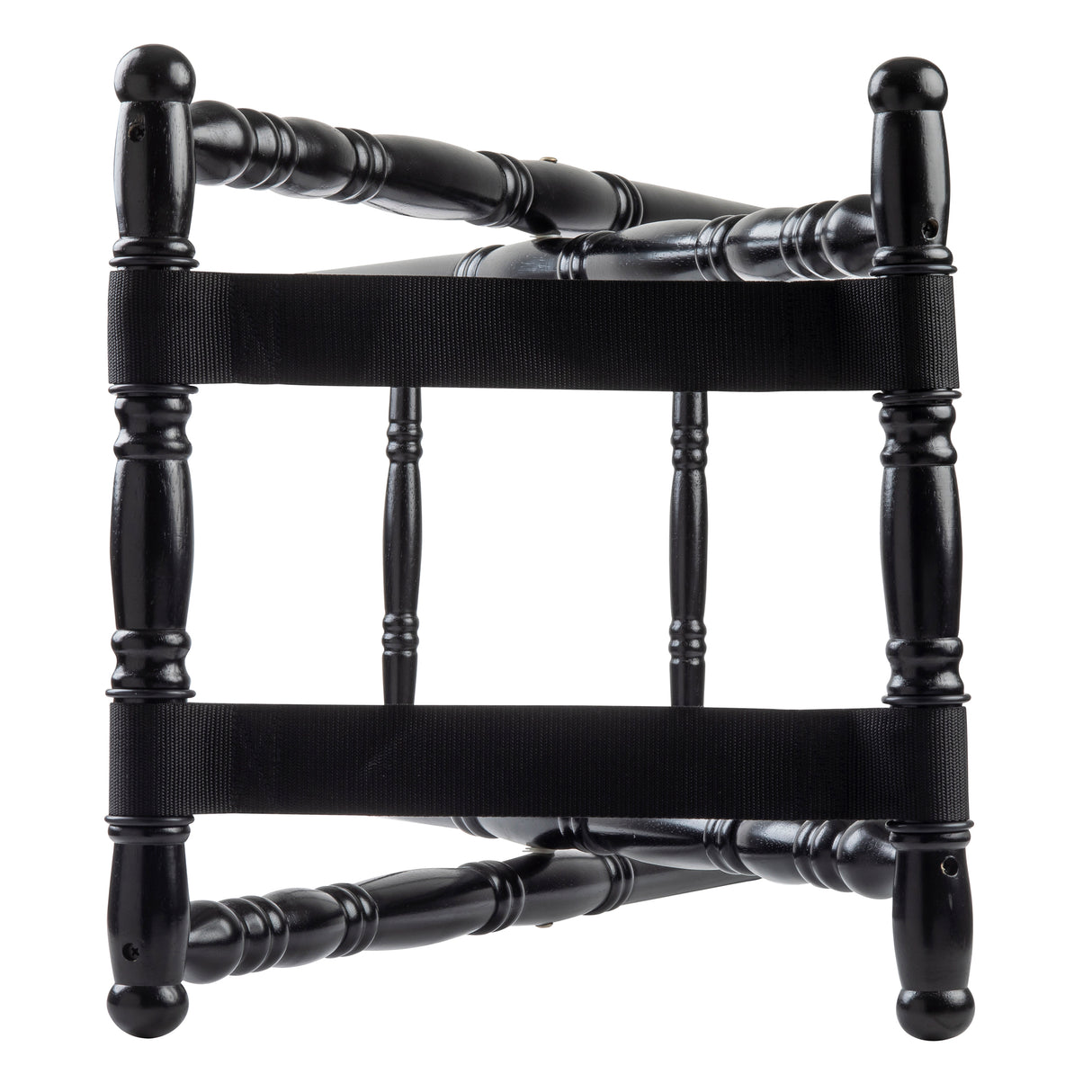 A black rubberwood chair viewed from above, featuring four legs with decorative turned spindle design and two wide black straps stretched across the seat area instead of a traditional chair seat.