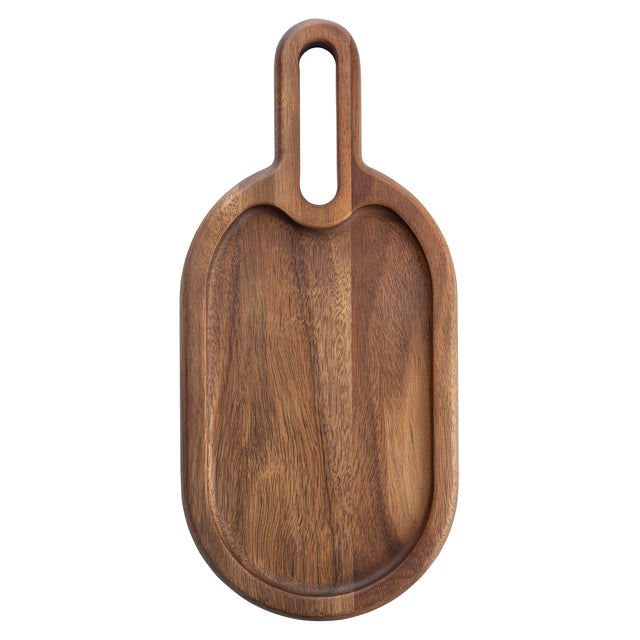 A wooden serving board with an oval shape, slightly recessed center, and a rounded handle featuring a large oval cutout. Crafted from rich Acacia wood, this Acacia snack tray offers a simple, functional design perfect for TableCraft Products lovers.