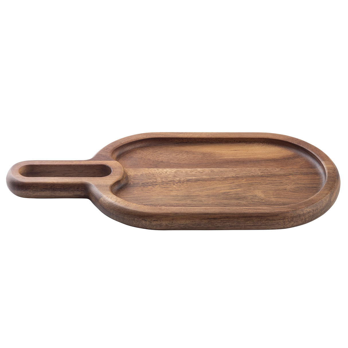 This Acacia snack tray features a smooth, rounded rectangular shape with a small compartment at one end. The rich brown wood grain and slightly raised edges create a simple, modern design—perfect for serving snacks in style.