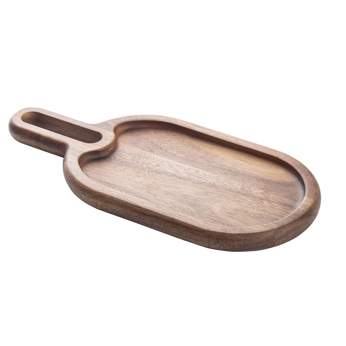 A TableCraft Products Acacia snack tray, this wood serving tray has an oval shape, smooth surface, and shallow raised edge. The oblong cutout handle adds a modern touch while the visible grain highlights its natural texture against a plain white background.