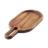 A wood serving tray with an oval-shaped surface, raised edges, and a rectangular handle featuring a cut-out center. Crafted from Acacia, this TableCraft Products snack tray showcases a smooth finish and visible natural grain patterns on a white background.
