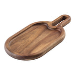 A wooden serving board with a rounded rectangular shape, featuring raised edges and a built-in handle with an oval hole. This Acacia snack tray showcases natural wood grain patterns and a smooth, polished finish, set against a white background.