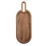 A wooden serving or cutting board with an elongated oval shape, rounded edges, and a handle featuring an oval cut-out for hanging. This Acacia snack tray by TableCraft features a natural, smooth finish with beautiful visible grain patterns.