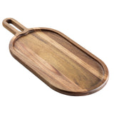 A wooden serving or cutting board with an elongated oval shape, a smooth surface, rounded edges, and an integrated handle for hanging—this Acacia snack tray by TableCraft highlights beautiful light and dark grain patterns.