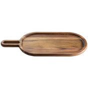A TableCraft acacia snack tray featuring an oval shape, slightly raised edges, and a built-in handle on the left. Its smooth finish highlights natural wood grain patterns in rich brown shades against a plain white background.