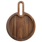 A round Acacia snack tray with a deep groove near the edge and an elongated handle featuring a large oval hole for hanging. The rich, dark-brown wood showcases natural grain patterns, perfect as a wood serving tray. Photographed on a white background.