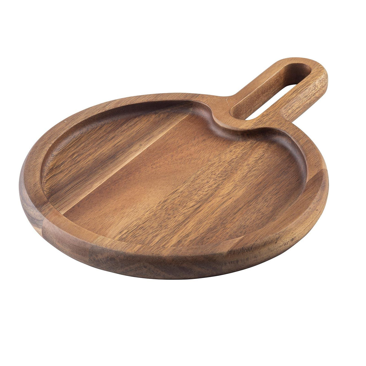 A round Acacia snack tray with a shallow recessed surface and a short handle featuring an oval cutout. The tray has a smooth finish, visible wood grain patterns, and offers a simple, functional, and rustic design.