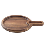 A round wood serving tray with a smooth surface, shallow groove near the edge, and an elongated handle featuring a small rectangular indentation—all showcasing natural wood grain. Perfect as an Acacia snack tray from TableCraft.