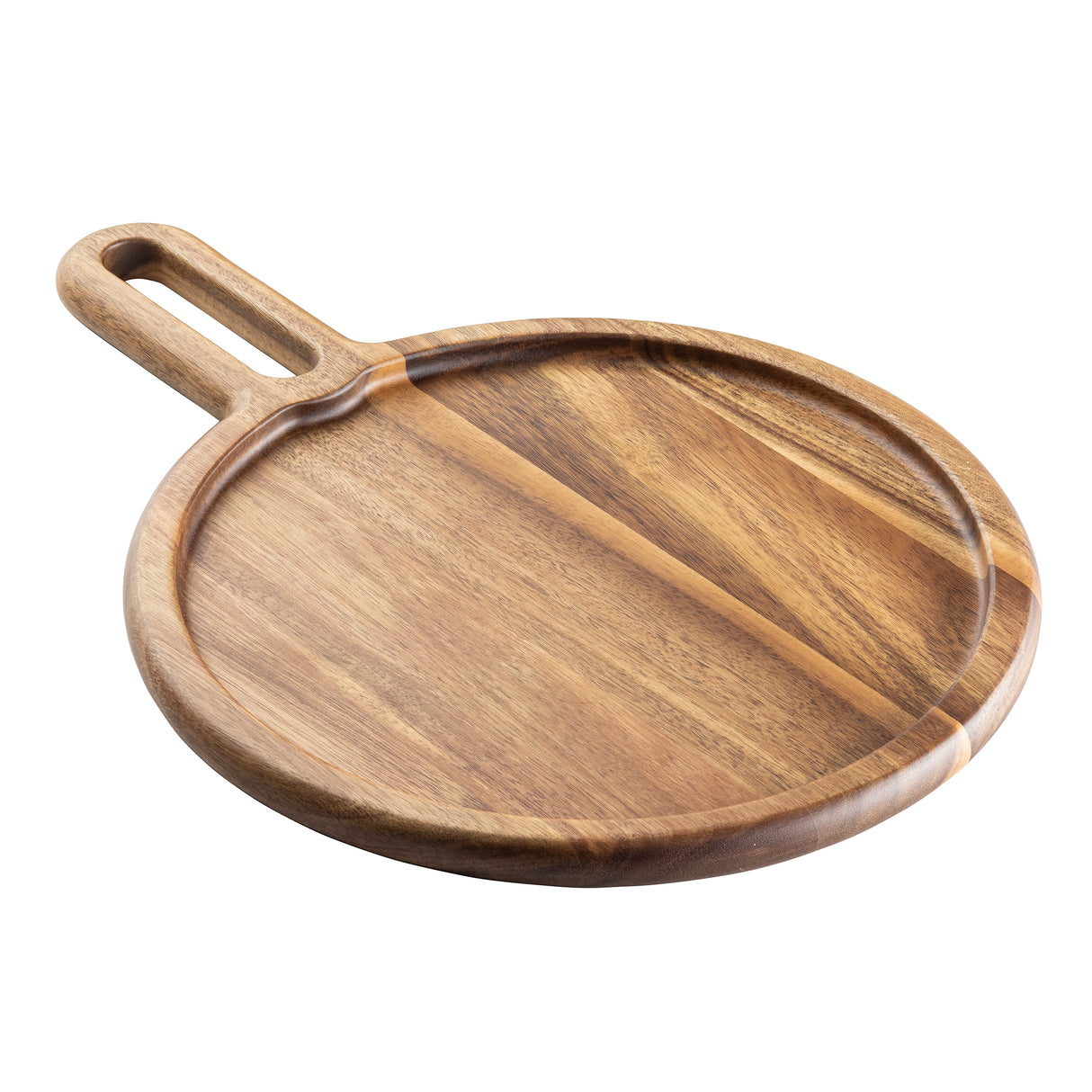 A round Acacia snack tray with a groove along the edge and a handle featuring an oval cutout. The warm, natural wood finish shows visible grain patterns, while the handle is slightly elevated above the surface—a stylish wood serving tray from TableCraft Products.