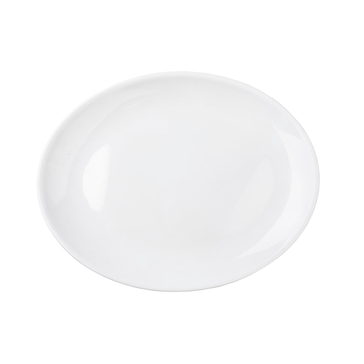 A plain, round white ceramic plate is shown from above on a white background, resembling the simplicity of a Sierra Collection Serving Platter. The glossy surface is smooth and unadorned, with subtle reflections and shadows enhancing its clean design.