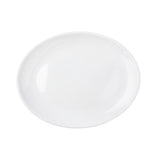A plain, round white ceramic plate is shown from above on a white background, resembling the simplicity of a Sierra Collection Serving Platter. The glossy surface is smooth and unadorned, with subtle reflections and shadows enhancing its clean design.