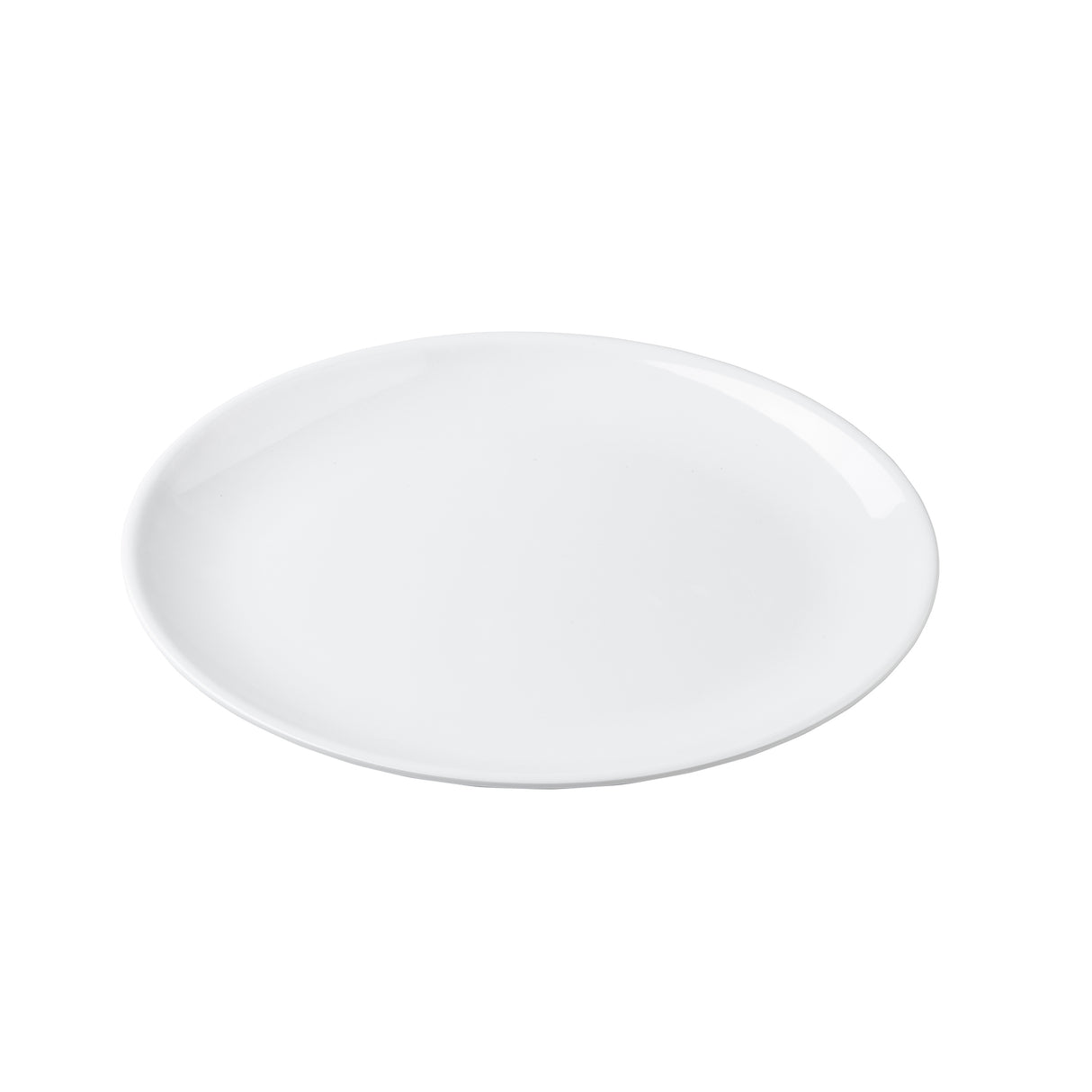 A plain, round, white Sierra Collection Serving Platter is shown against a white background. The melamine serving platter has a smooth, glossy surface and a slightly raised edge, appearing empty and centered with a faint shadow underneath.