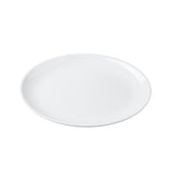 A plain, round, white Sierra Collection Serving Platter is shown against a white background. The melamine serving platter has a smooth, glossy surface and a slightly raised edge, appearing empty and centered with a faint shadow underneath.