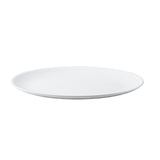 A plain, round, white NSF platter is shown against a white background. The plate is empty, with a smooth surface and a slightly raised rim, giving it a simple and minimalist appearance.