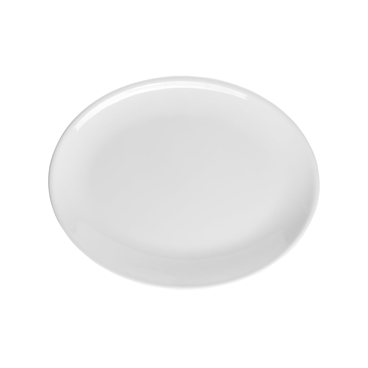 A plain, round white ceramic plate is pictured against a white background. Reminiscent of the Sierra Collection Serving Platter, it features smooth edges and a glossy finish with subtle reflections and no patterns, decorations, or food on it.