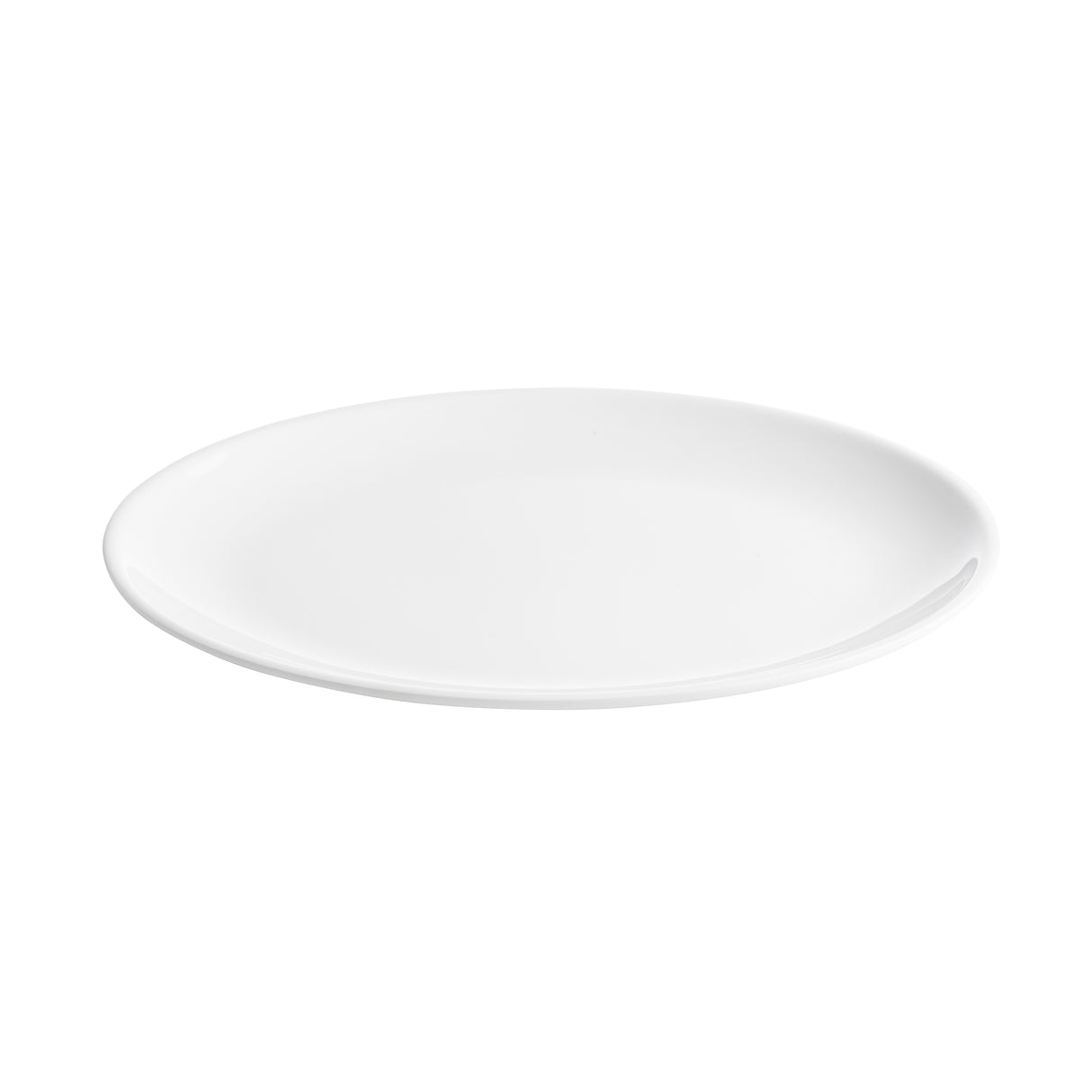 A plain, round, white melamine serving platter is shown against a solid white background. The platter has a smooth surface and slightly raised rim, with no visible patterns or designs. It appears empty and clean, viewed at a slight angle.
