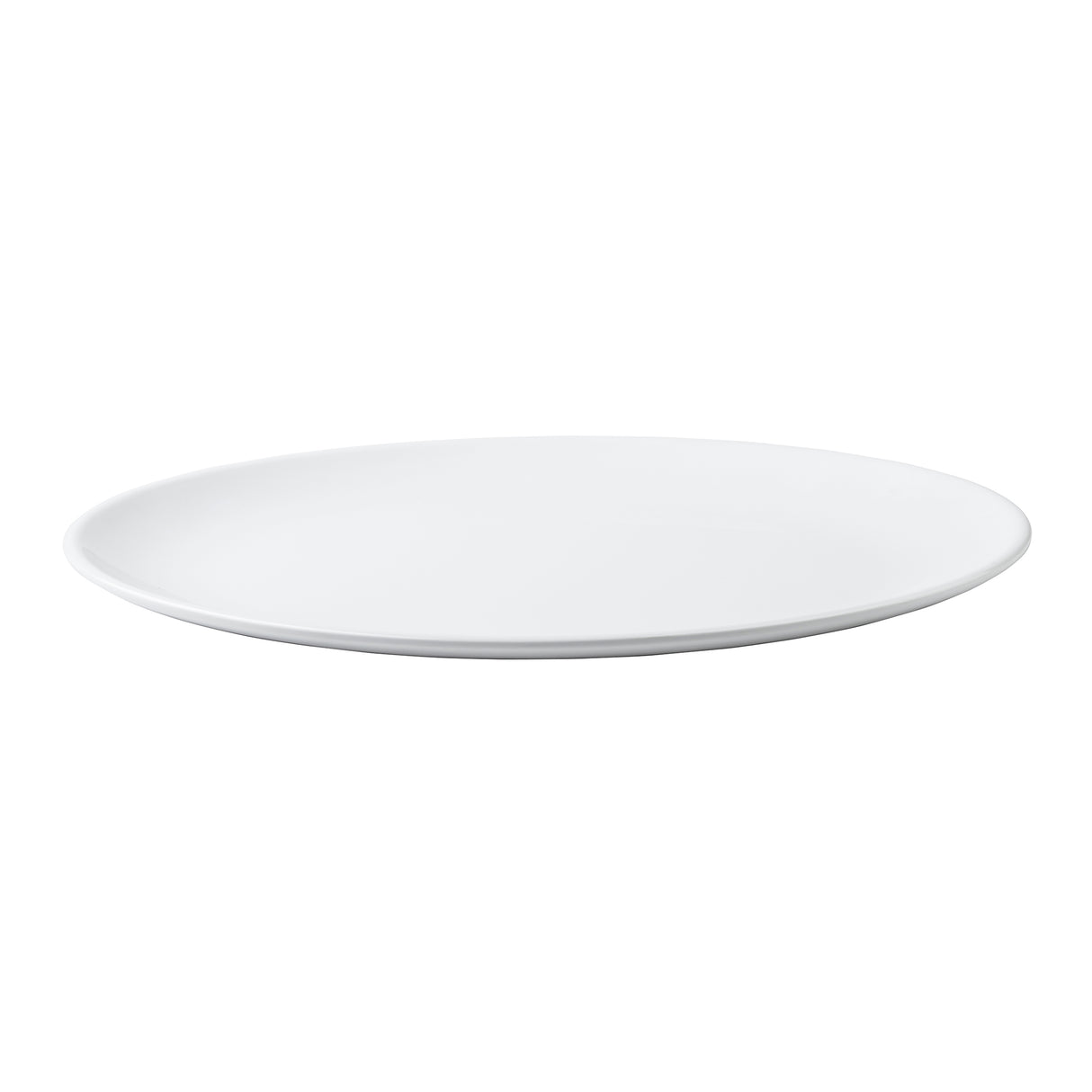 A plain, round, white ceramic plate from the Sierra Collection with a smooth surface and slightly raised rim, pictured against a white background. The minimalist style makes it an elegant serving platter for any table setting.