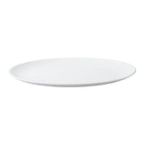 A plain, round, white ceramic plate from the Sierra Collection with a smooth surface and slightly raised rim, pictured against a white background. The minimalist style makes it an elegant serving platter for any table setting.