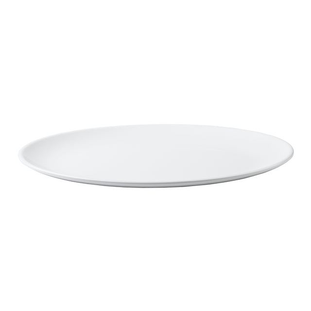 A plain, round, white ceramic plate from the Sierra Collection with a smooth surface and slightly raised rim, pictured against a white background. The minimalist style makes it an elegant serving platter for any table setting.
