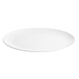 A plain, round, white Sierra Collection Serving Platter is shown against a white background. The melamine serving platter has a smooth surface, slightly raised edges, and no decorations. It is empty and photographed at a slight angle from the side.