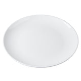 A plain, round white ceramic plate with a smooth, glossy surface is shown on a white background. Resembling the minimalist style of the Sierra Collection Serving Platter, it is empty and viewed from above with slightly raised edges.