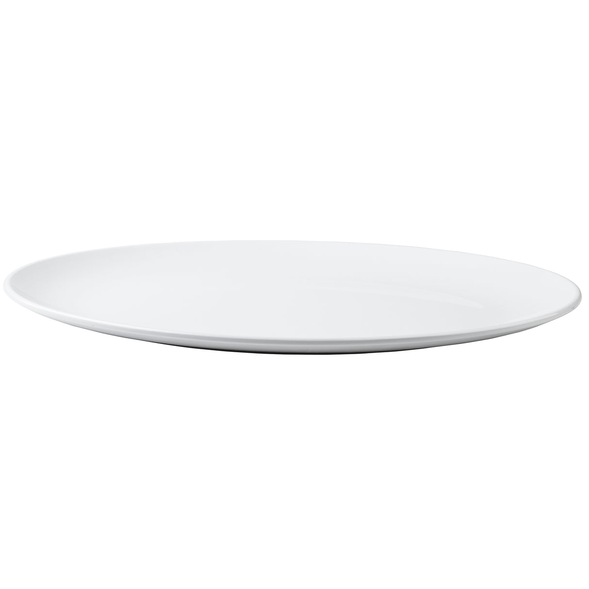 A plain, round white ceramic plate is shown against a white background. The plate resembles a classic Sierra Collection Serving Platter with its smooth, glossy finish and slightly raised edge. It appears empty and clean, photographed from a side angle.