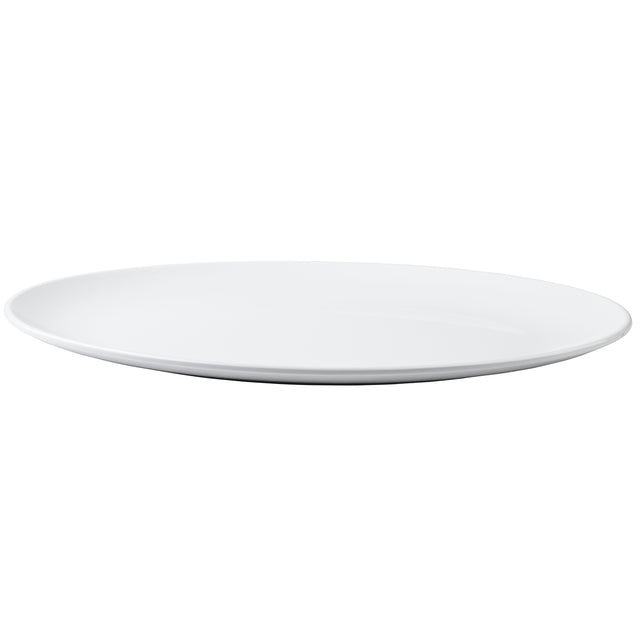 A plain, round white ceramic plate is shown against a white background. The plate resembles a classic Sierra Collection Serving Platter with its smooth, glossy finish and slightly raised edge. It appears empty and clean, photographed from a side angle.