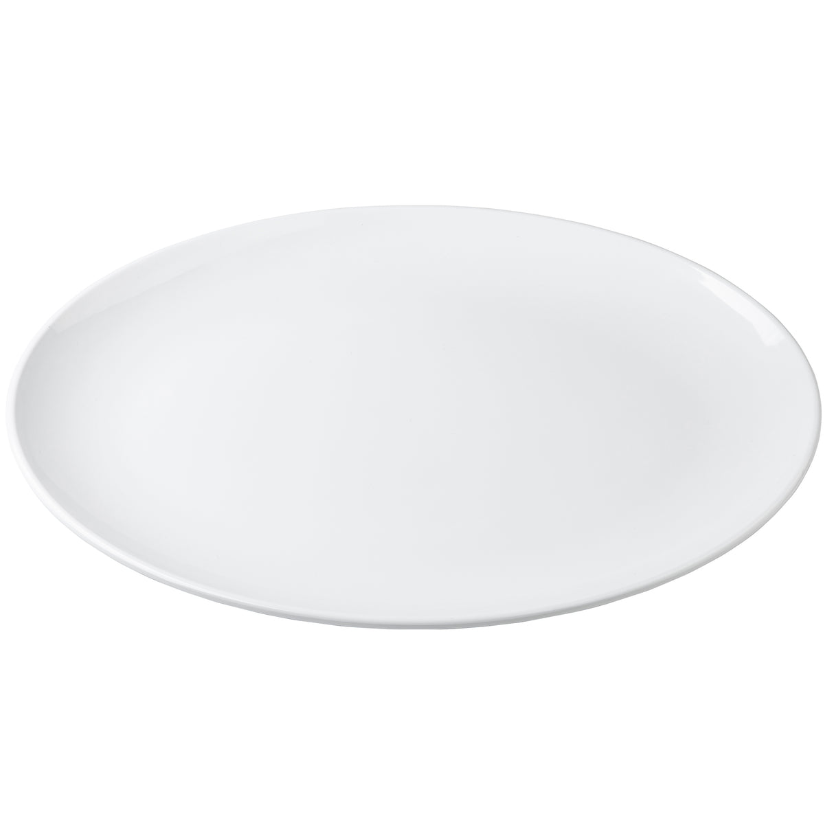 A plain, round, white ceramic plate with a slightly raised rim. Reminiscent of the clean look of a Sierra Collection Serving Platter, it sits empty on a white background, offering a minimalistic and elegant appearance.