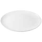 A plain, round, white ceramic plate with a slightly raised rim. Reminiscent of the clean look of a Sierra Collection Serving Platter, it sits empty on a white background, offering a minimalistic and elegant appearance.