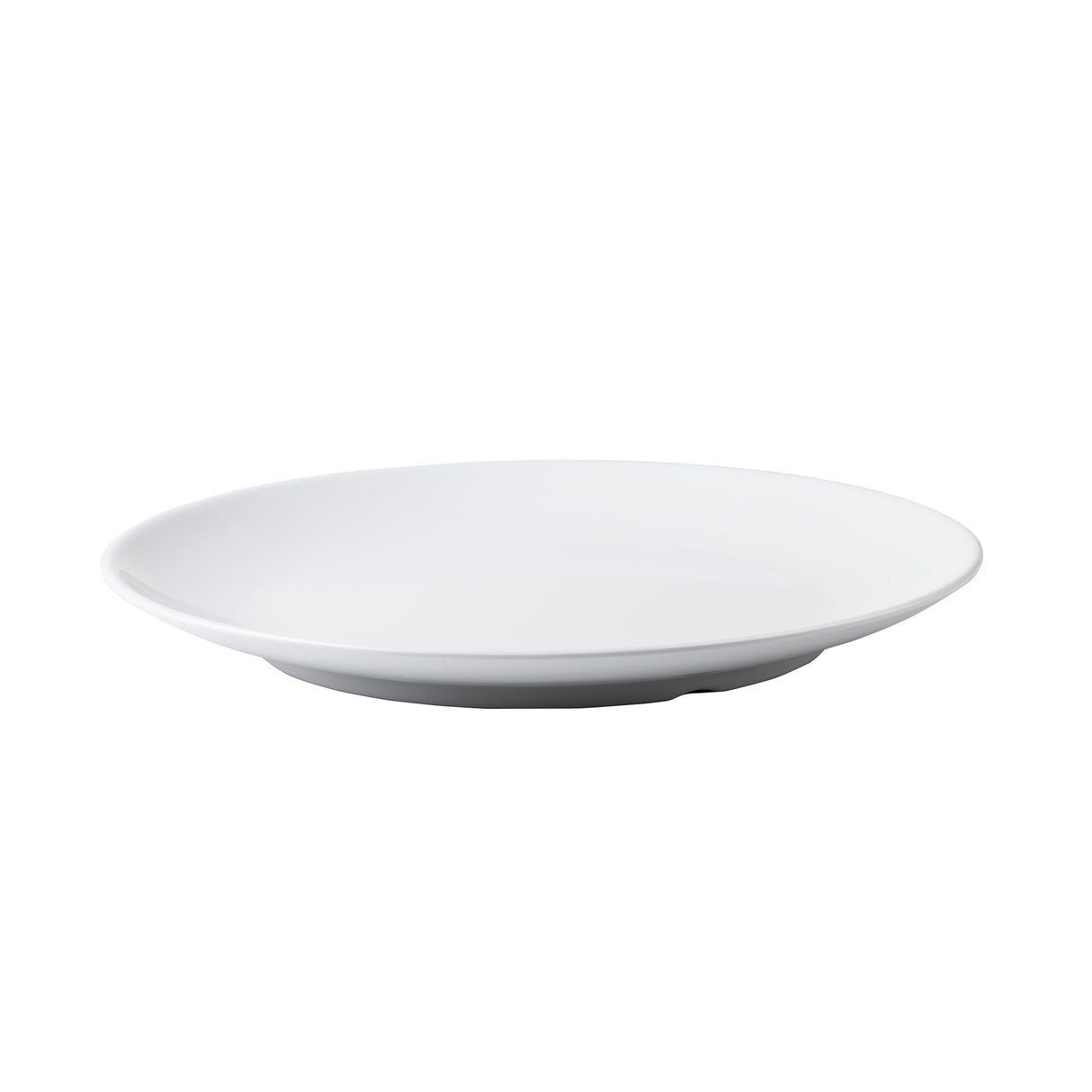A plain, round, white Sierra Collection Serving Platter is shown against a white background. This melamine platter features a smooth surface with slightly raised edges and a flat base, creating a minimalist and clean appearance. NSF certified for safety.