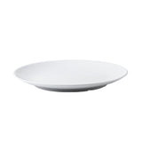 A plain, round, white Sierra Collection Serving Platter is shown against a white background. This melamine platter features a smooth surface with slightly raised edges and a flat base, creating a minimalist and clean appearance. NSF certified for safety.