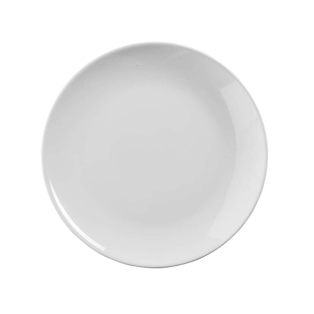 A plain, round white ceramic plate photographed from above, set against a white background. This NSF-approved plate has a smooth glossy finish, is empty, and features no visible patterns—ideal for pairing with the Sierra Collection Serving Platter.