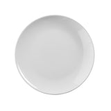 A plain, round white ceramic plate photographed from above, set against a white background. This NSF-approved plate has a smooth glossy finish, is empty, and features no visible patterns—ideal for pairing with the Sierra Collection Serving Platter.
