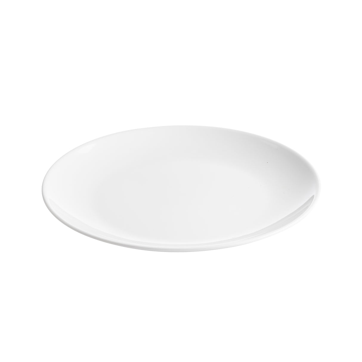 A plain, round white ceramic serving platter is shown against a white background. The platter has a smooth surface and a slight rim, with no patterns or decorations. It is empty and photographed from a slightly angled perspective.