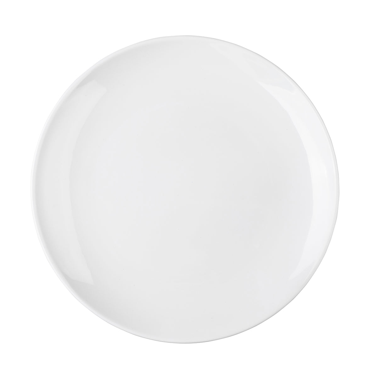 A plain, round white ceramic plate from above, centered against a white background. Reminiscent of the sleek Sierra Collection Serving Platter, it features a smooth surface with slightly curved edges and no patterns or textures.