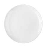 A plain, round white ceramic plate from above, centered against a white background. Reminiscent of the sleek Sierra Collection Serving Platter, it features a smooth surface with slightly curved edges and no patterns or textures.