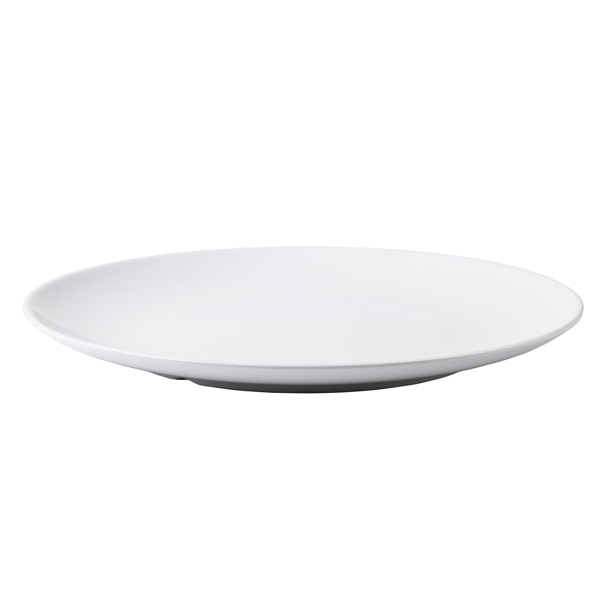 A plain, round, white Sierra Collection Serving Platter is shown against a white background. The platter is empty with a slightly raised rim, viewed from a slight angle to highlight its smooth, glossy surface and simple, minimalist design.