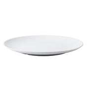 A plain, round, white Sierra Collection Serving Platter is shown against a white background. The platter is empty with a slightly raised rim, viewed from a slight angle to highlight its smooth, glossy surface and simple, minimalist design.