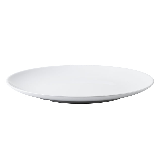 A plain, round, white Sierra Collection Serving Platter is shown against a white background. The platter is empty with a slightly raised rim, viewed from a slight angle to highlight its smooth, glossy surface and simple, minimalist design.