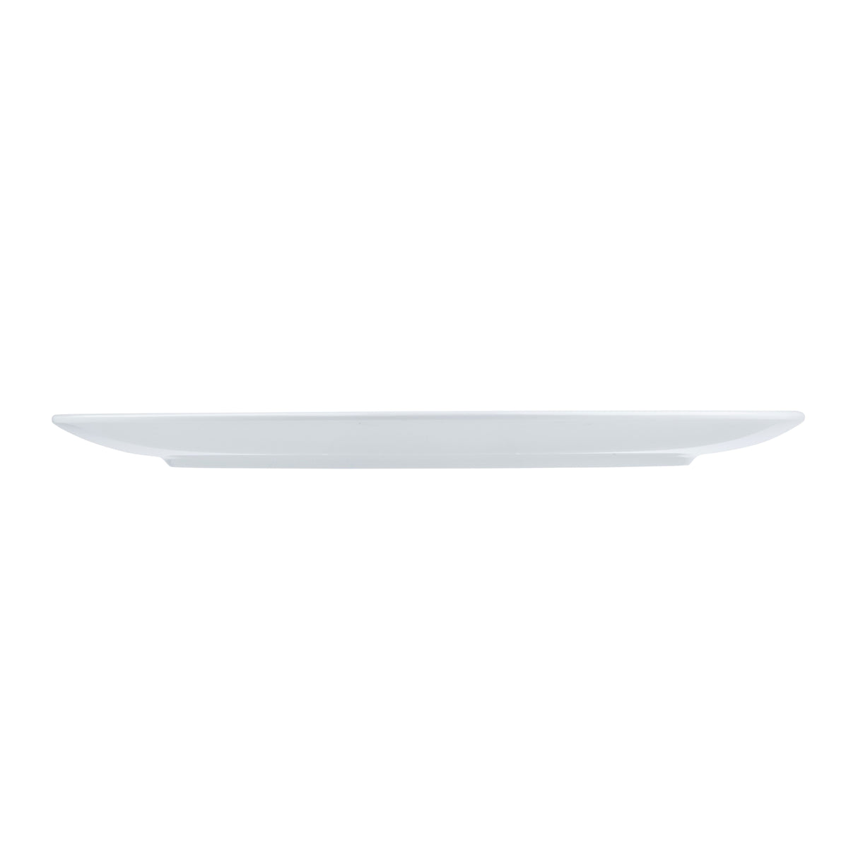 A white, empty, round ceramic plate from the Sierra Collection Serving Platter range is viewed from the side, showing its thin, flat profile against a plain white background.